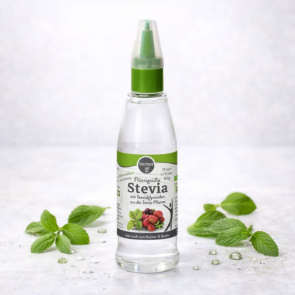 Börchers Bio Stevia Flüssigsüße in einer transparenten Flasche mit grünem Tropfverschluss, umgeben von Minzblättern und Beeren.
