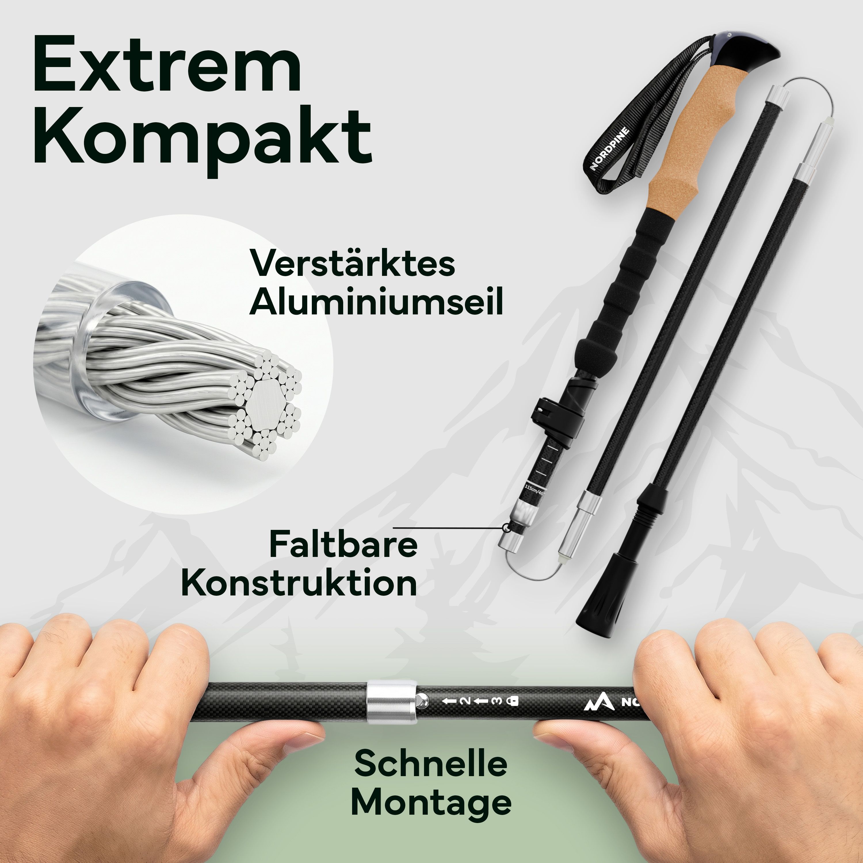 Faltbare Carbon-Wanderstöcke in kompakter Form, mit verstärktem Aluminiumseil und schneller Montage.