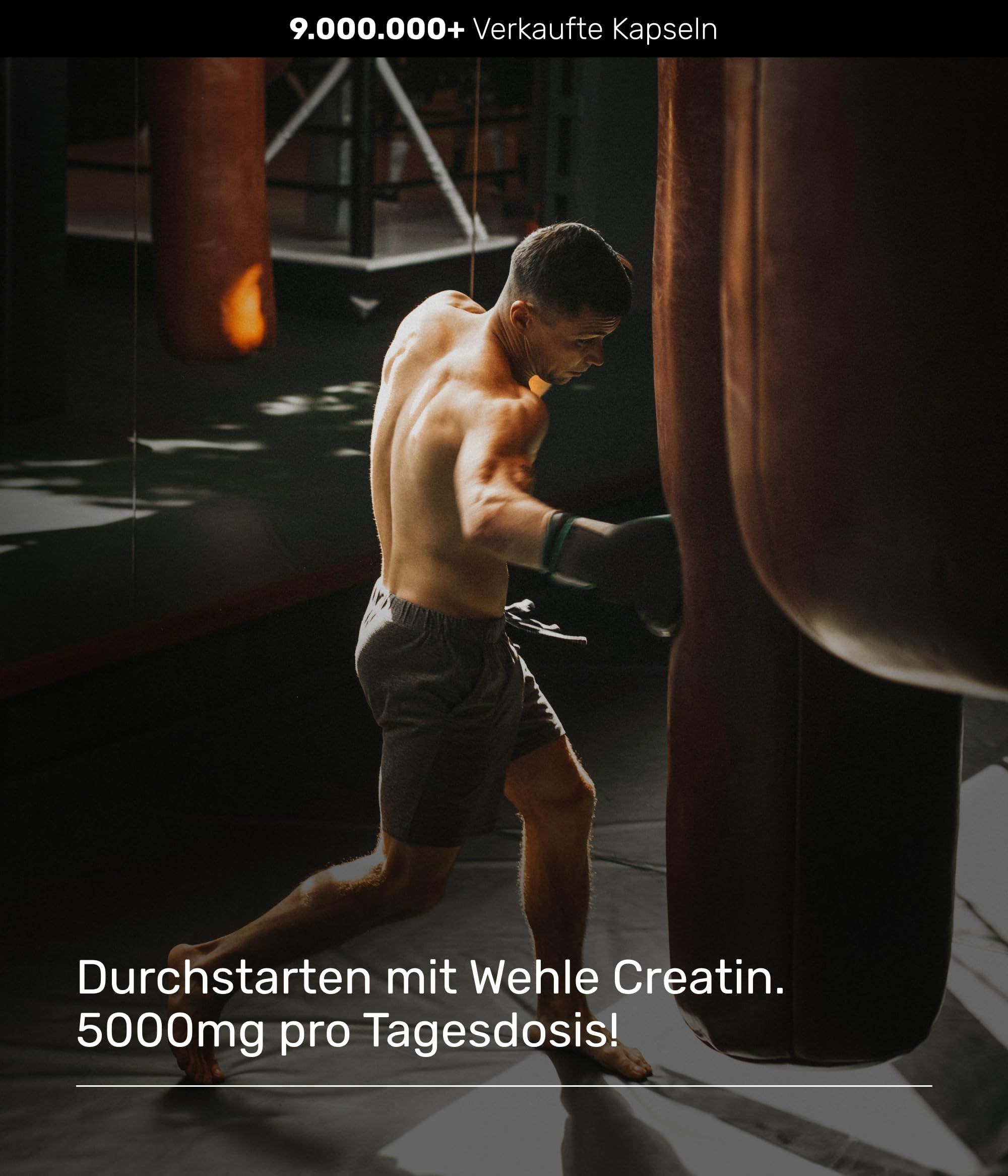 Mann trainiert im Fitnessstudio. Text: 'Durchstarten mit Wehle Creatin. 5000mg pro Tagesdosis!' Boxsack im Hintergrund.