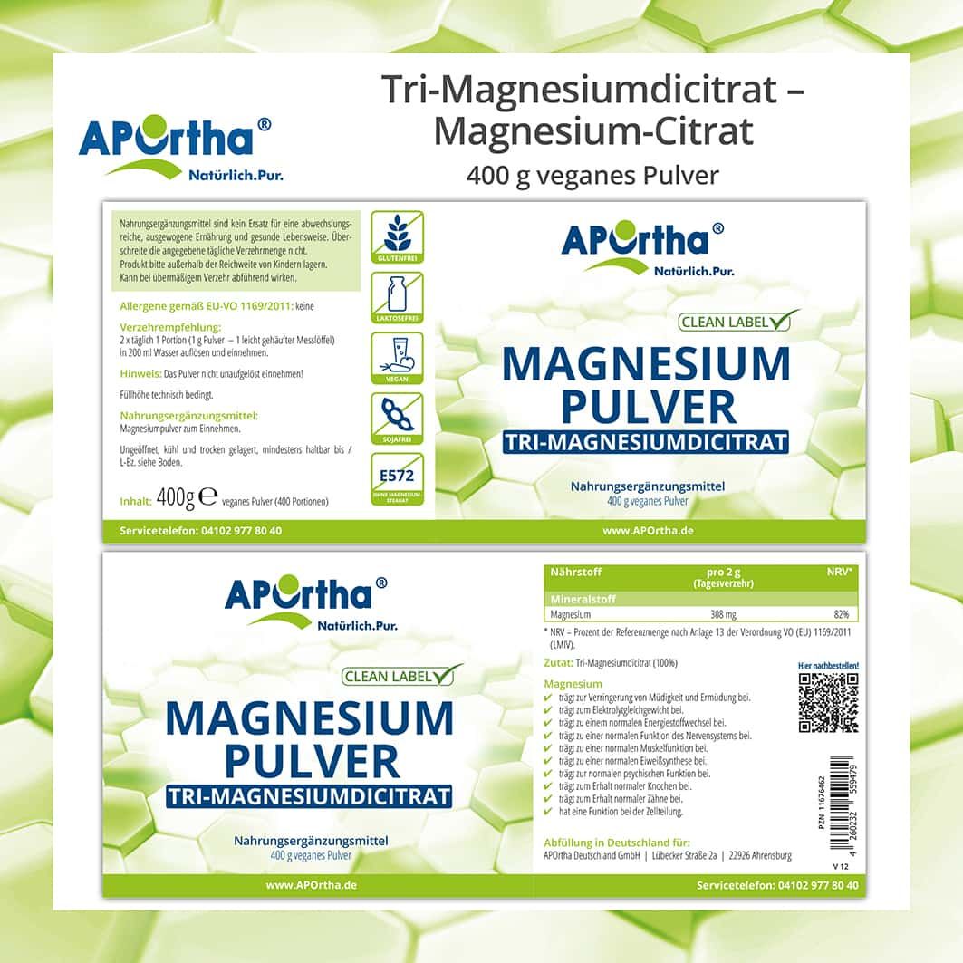 Zwei Etiketten mit Text. Magnesium Pulver Tri-Magnesiumdicitrat. Nährwertangaben, Inhaltsstoffe, QR-Code, Clean Label.