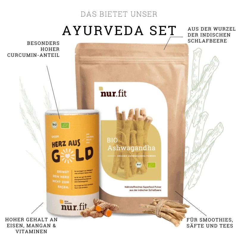 Das Ayurveda Set von nur.fit. Enthält eine Dose, eine Tüte mit Ashwagandha und Kurkuma-Wurzeln.