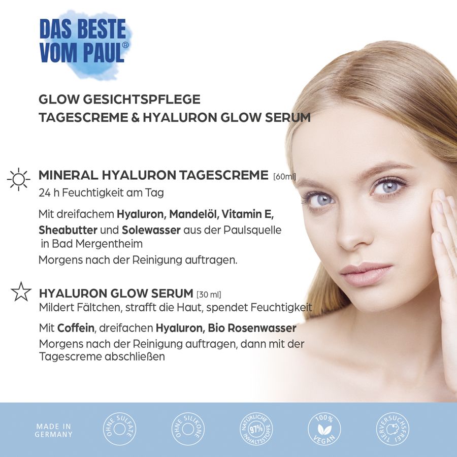 Produktabbildung mit Frau. Text: Glow Gesichtspflege, Tagescreme & Hyaluron Glow Serum. Inhaltsstoffe und Anwendung.