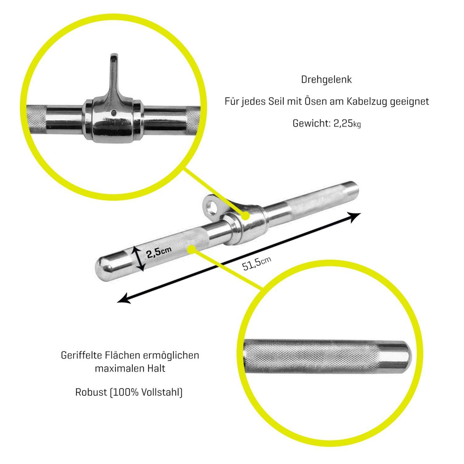 Stahl-Bizeps-Trizeps-Stange. Drehgelenk, geriffelte Griffe. Länge 51,5 cm. Gewicht 2,25 kg. Für Kabelzug geeignet.