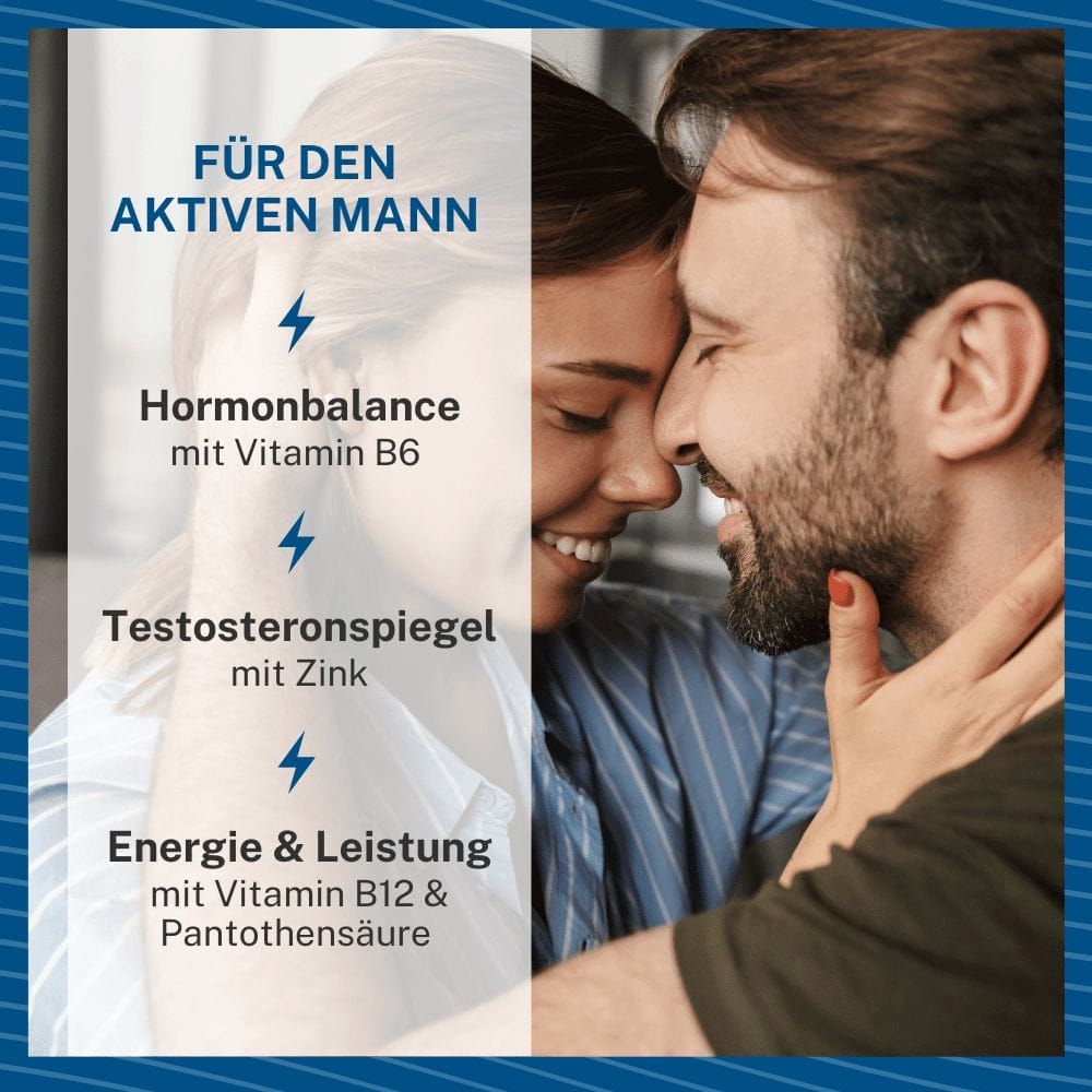 Paar umarmt sich. Text: Für den aktiven Mann. Hormonbalance mit Vitamin B6. Testosteronspiegel mit Zink. Energie & Leistung mit Vitamin B12.