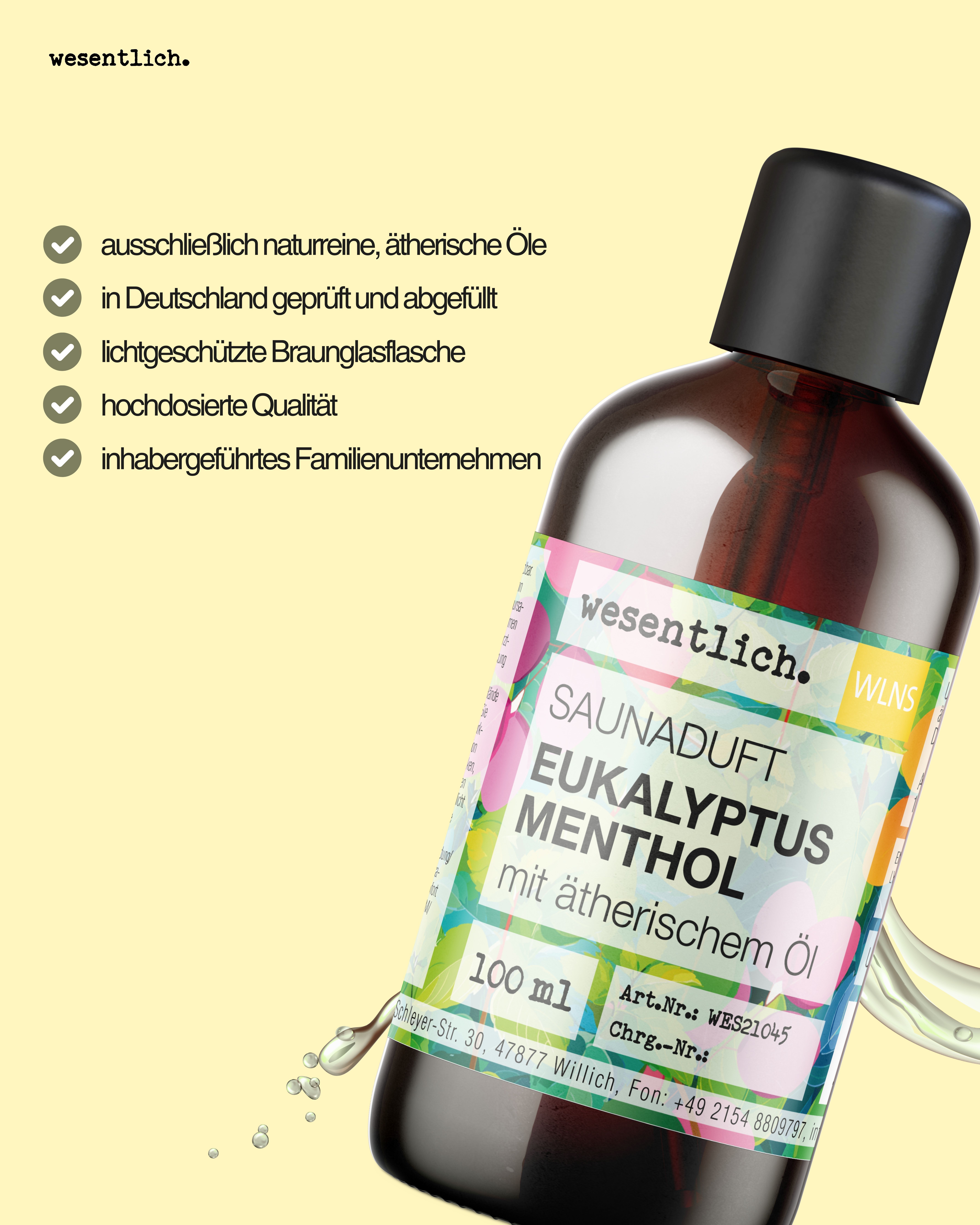 Braune Glasflasche mit schwarzem Deckel. Etikett mit Produktnamen und Inhaltsstoffen. Text: ausschließlich naturreine, ätherische Öle.