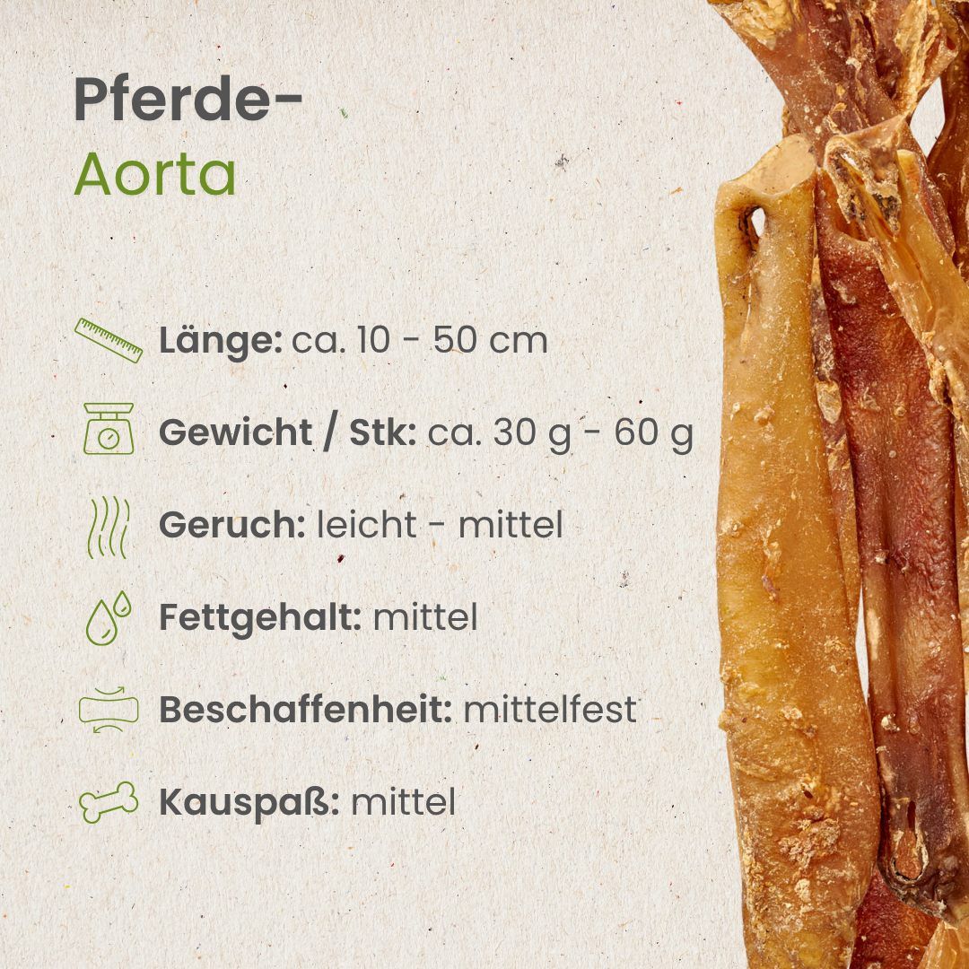 Fünf getrocknete Pferde-Aorten, Maße ca. 10-50 cm Länge, 30-60 g Gewicht pro Stück.
