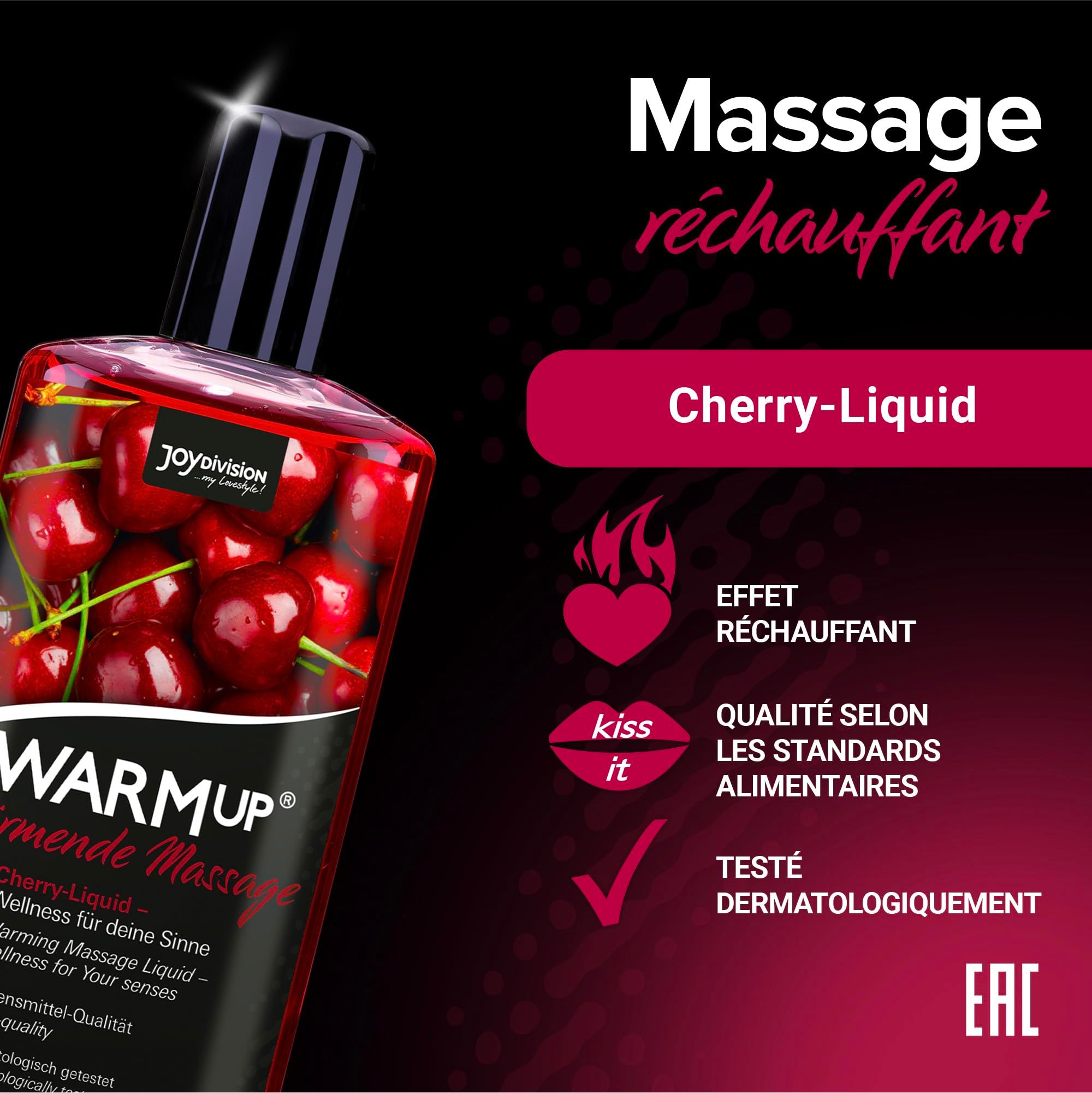 Flasche Kirsch-Massageöl mit Text "Massage réchauffant".