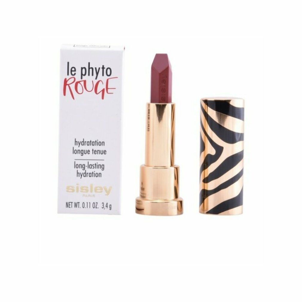 Lippenstift mit Verpackung. Auf der Verpackung steht "le phyto rouge". Der Lippenstift ist goldfarben mit brauner Mine und Zebra-Deckel.