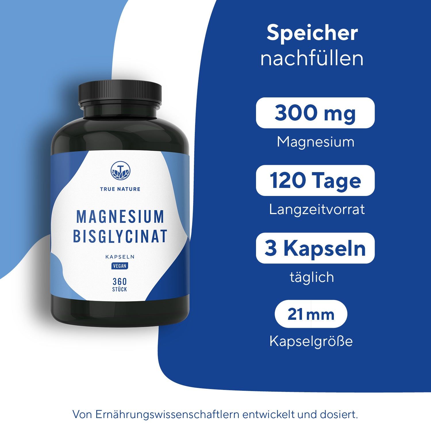 TRUE NATURE® Magnesium Kapseln - Magnesium Bisglycinat (Magnesium Glycinat)