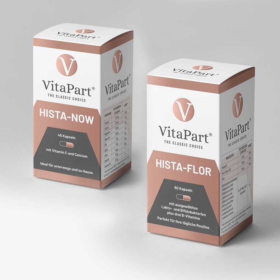 Zwei Schachteln Hista-Now und Hista-Flor von VitaPart. Aufdruck: 45 bzw. 60 Kapseln.
