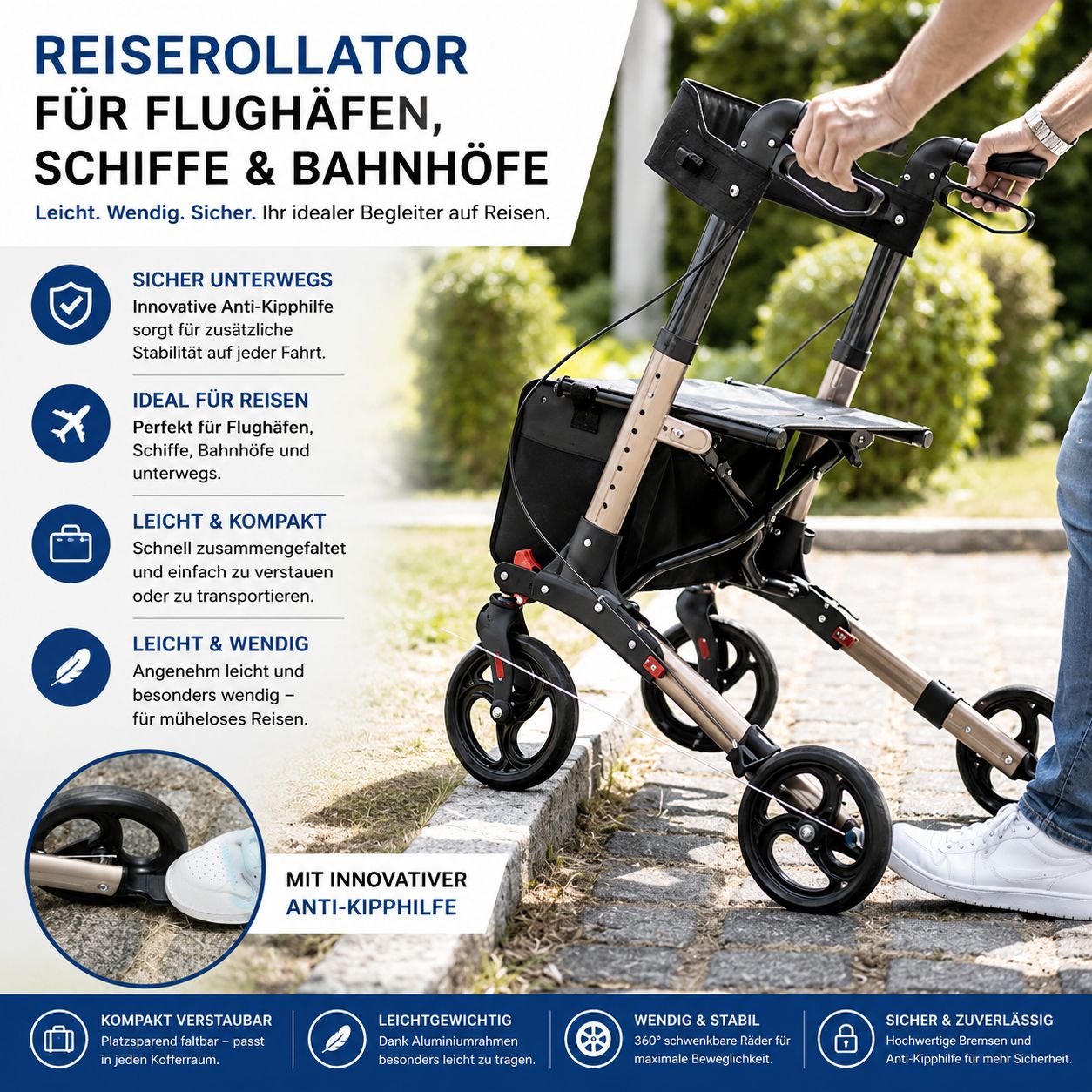 Rollator mit schwarzem Sitz und Tasche. Person benutzt ihn auf einer Treppe. Anti-Kipphilfe. Leicht und kompakt.