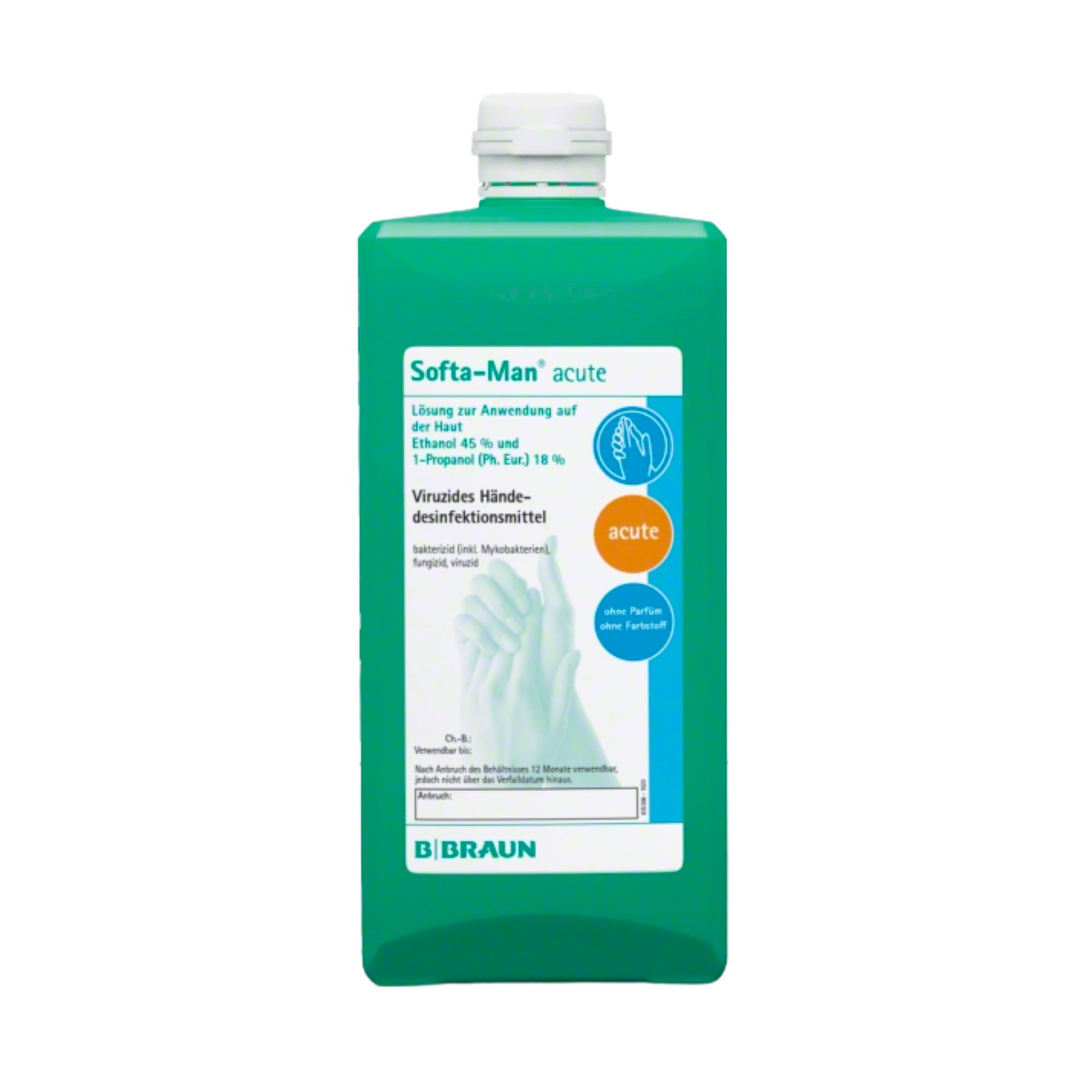 Grüne Flasche mit weißem Verschluss. Aufschrift: Softa-Man acute. Enthält Ethanol und 1-Propanol. Händedesinfektionsmittel. Marke B. Braun.