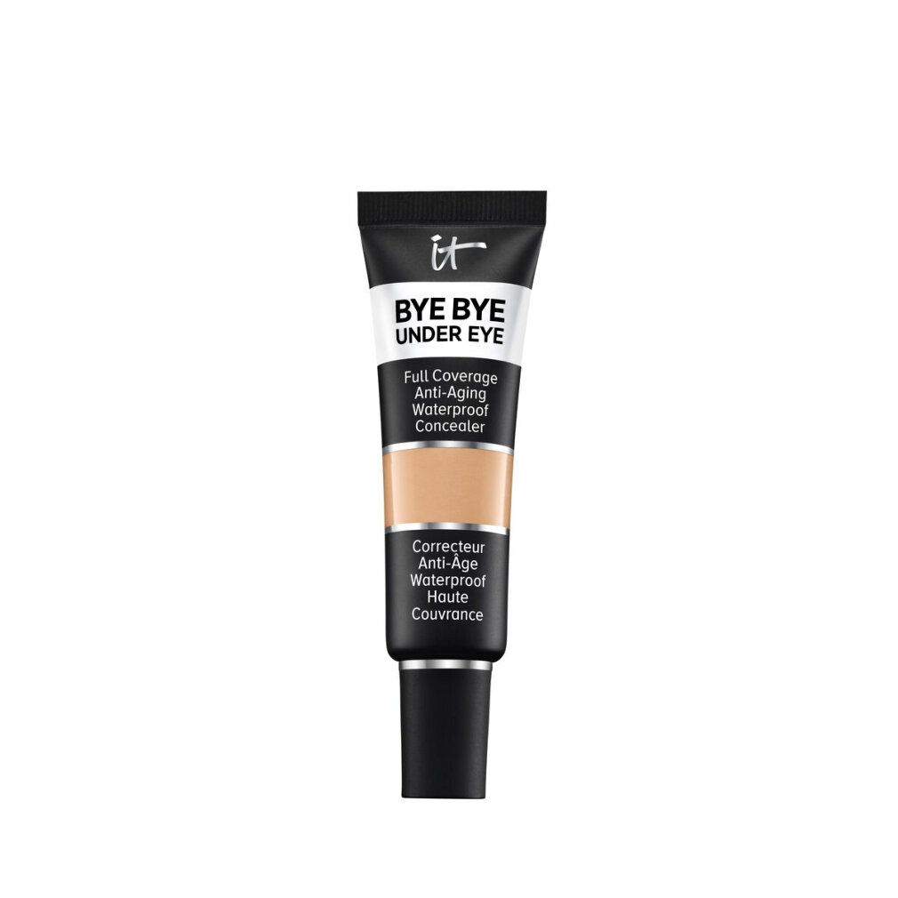 Concealer-Tube, schwarz-weiß-beige. Aufschrift: IT, BYE BYE UNDER EYE, Full Coverage, Anti-Aging, Waterproof Concealer. Farbton: Medium Bronze.
