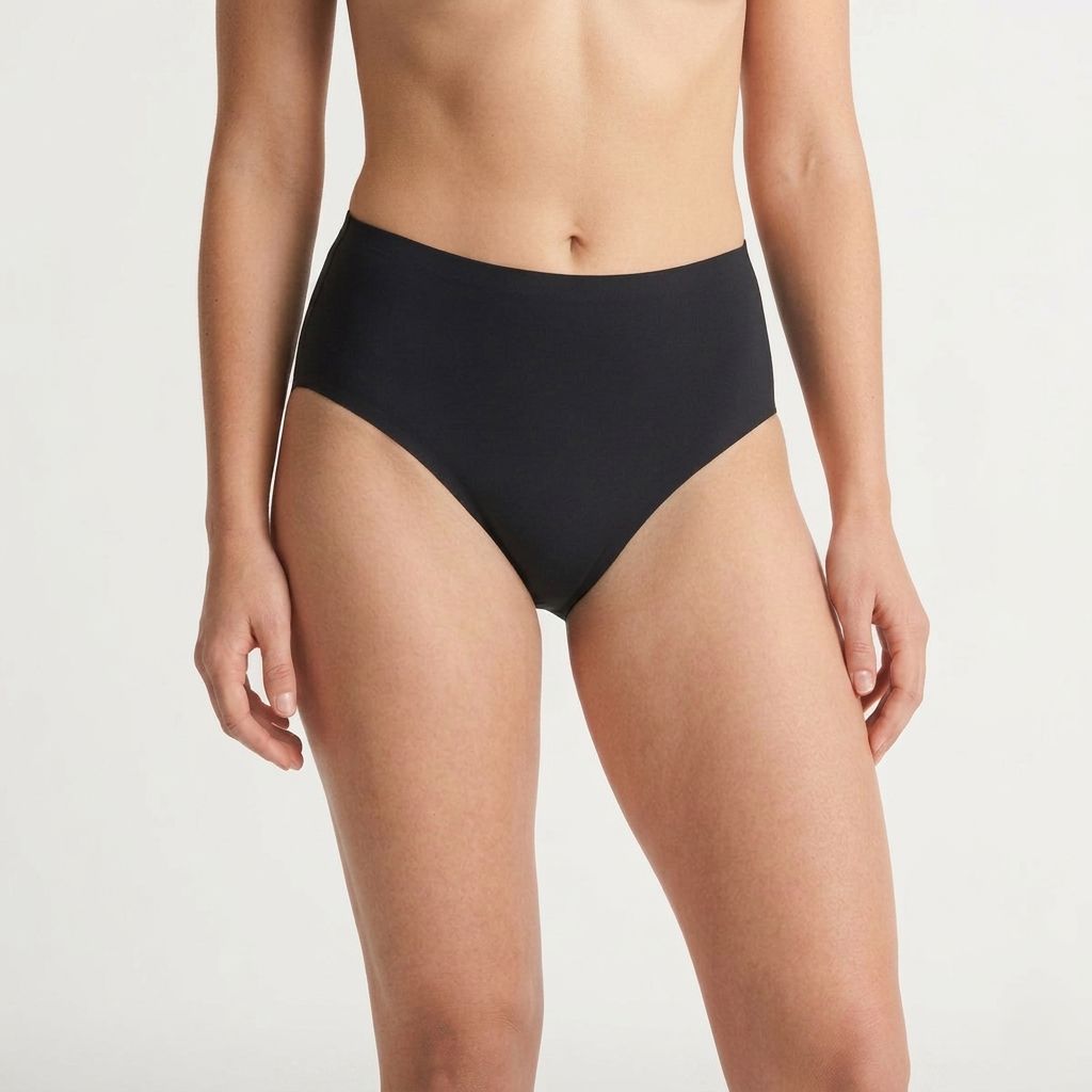 Schwarze Periodenunterhose, hohe Taille, Frontansicht. Stoffhose für den Intimbereich.