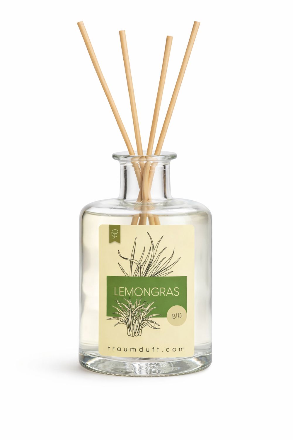 Glasflakon mit Lemongras-Aufdruck und Holzstäbchen. Aufschrift: BIO. Marke: traumduft.com.