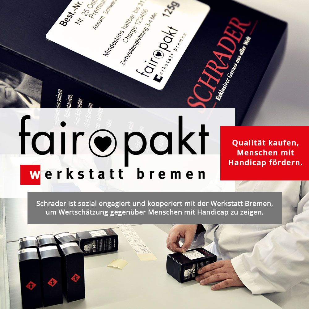 Schwarze Schachtel mit Aufschrift 'fairpakt'. Text: 'Qualität kaufen, Menschen mit Handicap fördern'.