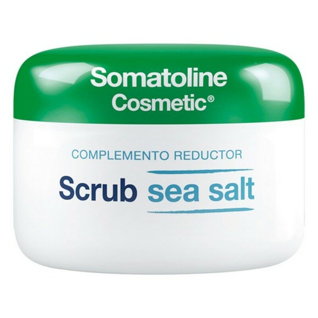Weißes Tiegel mit grünem Deckel. Aufschrift: Scrub sea salt. Marke: Somatoline Cosmetic.