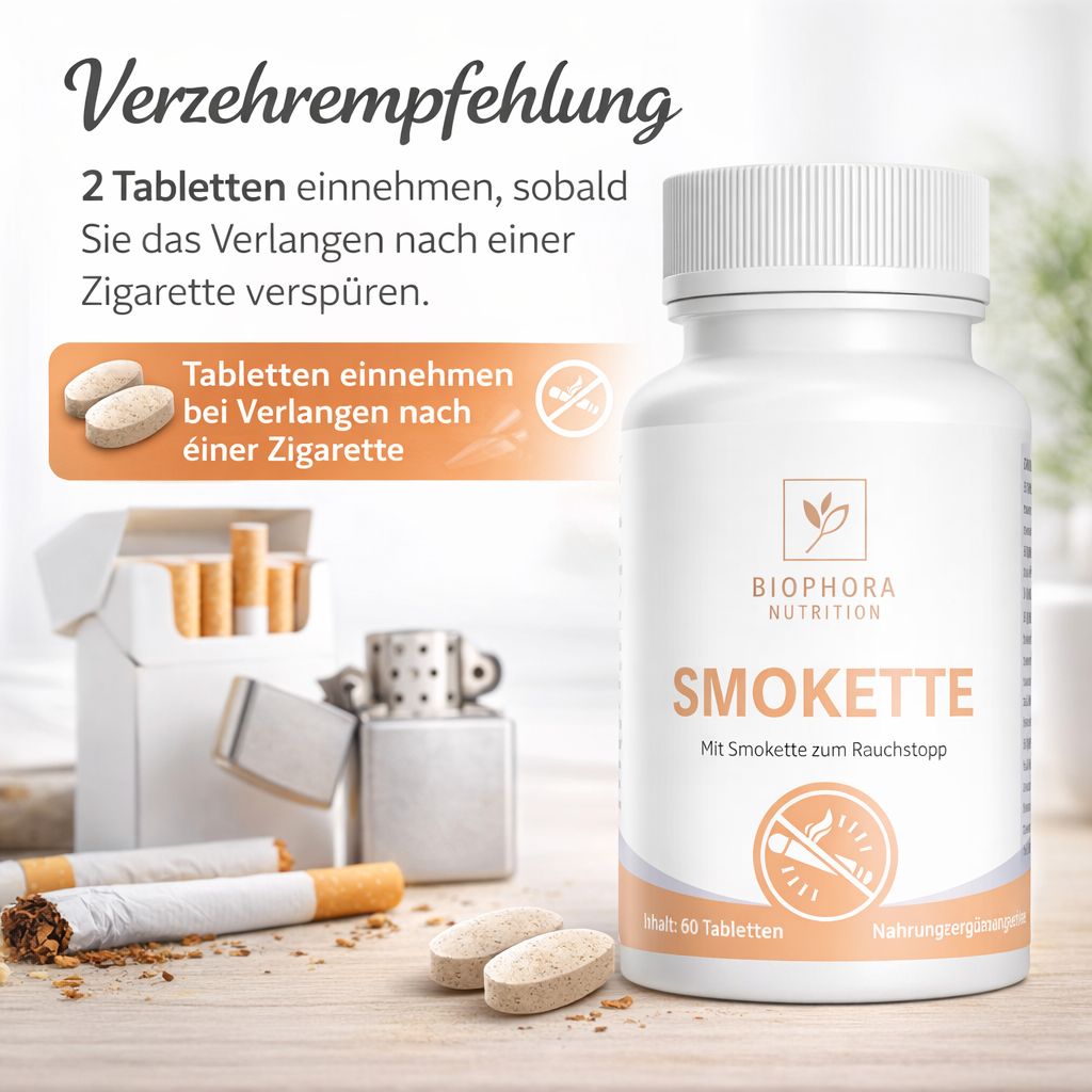 Weiße Tabletten neben Zigaretten und einer Schachtel. Aufschrift: SMOKETTE, Mit Smokette zum Rauchstopp. Text: 2 Tabletten bei Verlangen nach einer Zigarette.