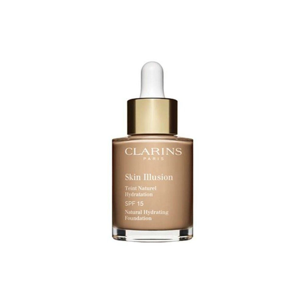 Flakon mit Foundation. Aufschrift: Clarins, Skin Illusion, SPF 15. Farbton: 108 Sand. Mit Pipette und goldfarbenem Verschluss.