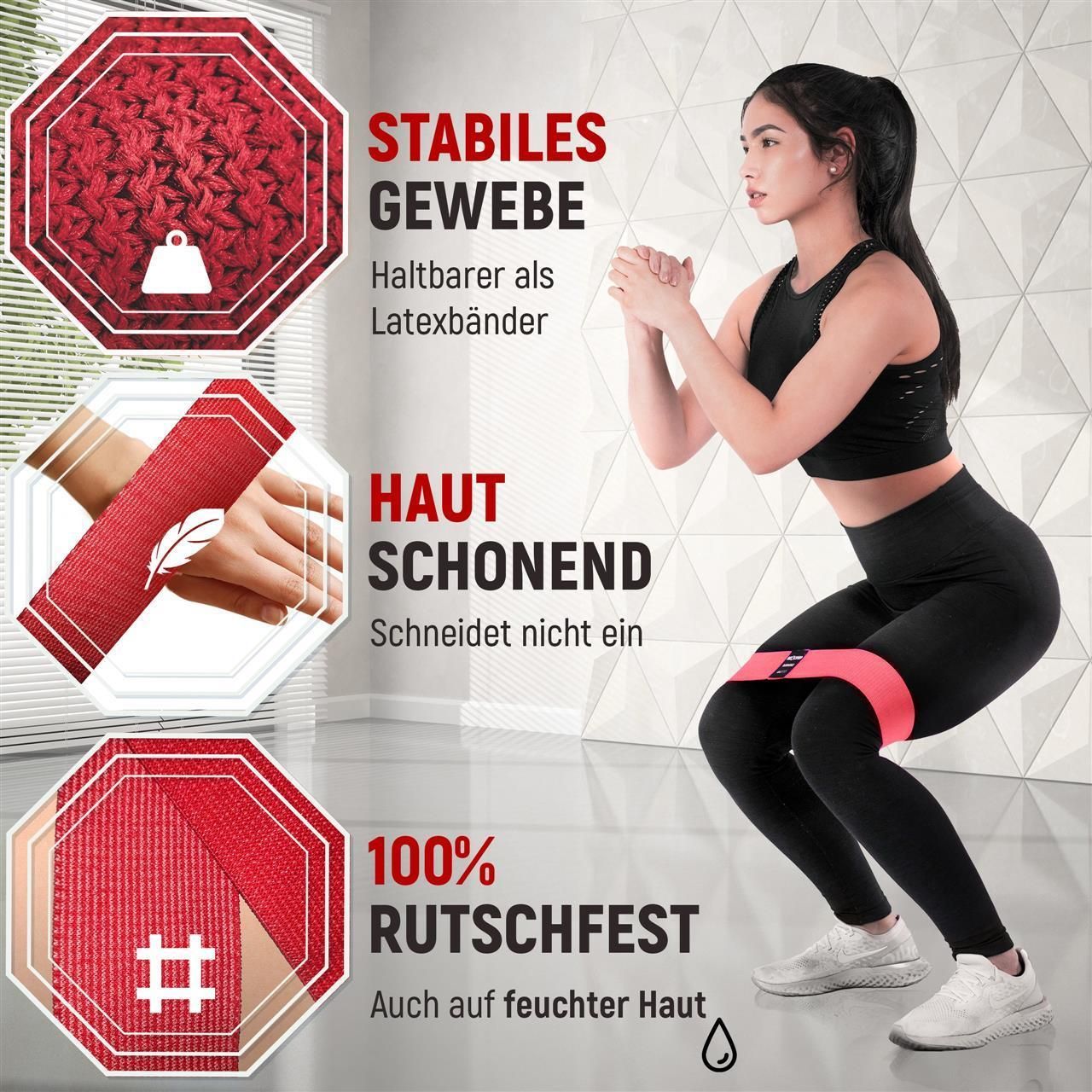 Frau trainiert mit rotem Stoff-Fitnessband. Text: Stabiles Gewebe, hautfreundlich, rutschfest.