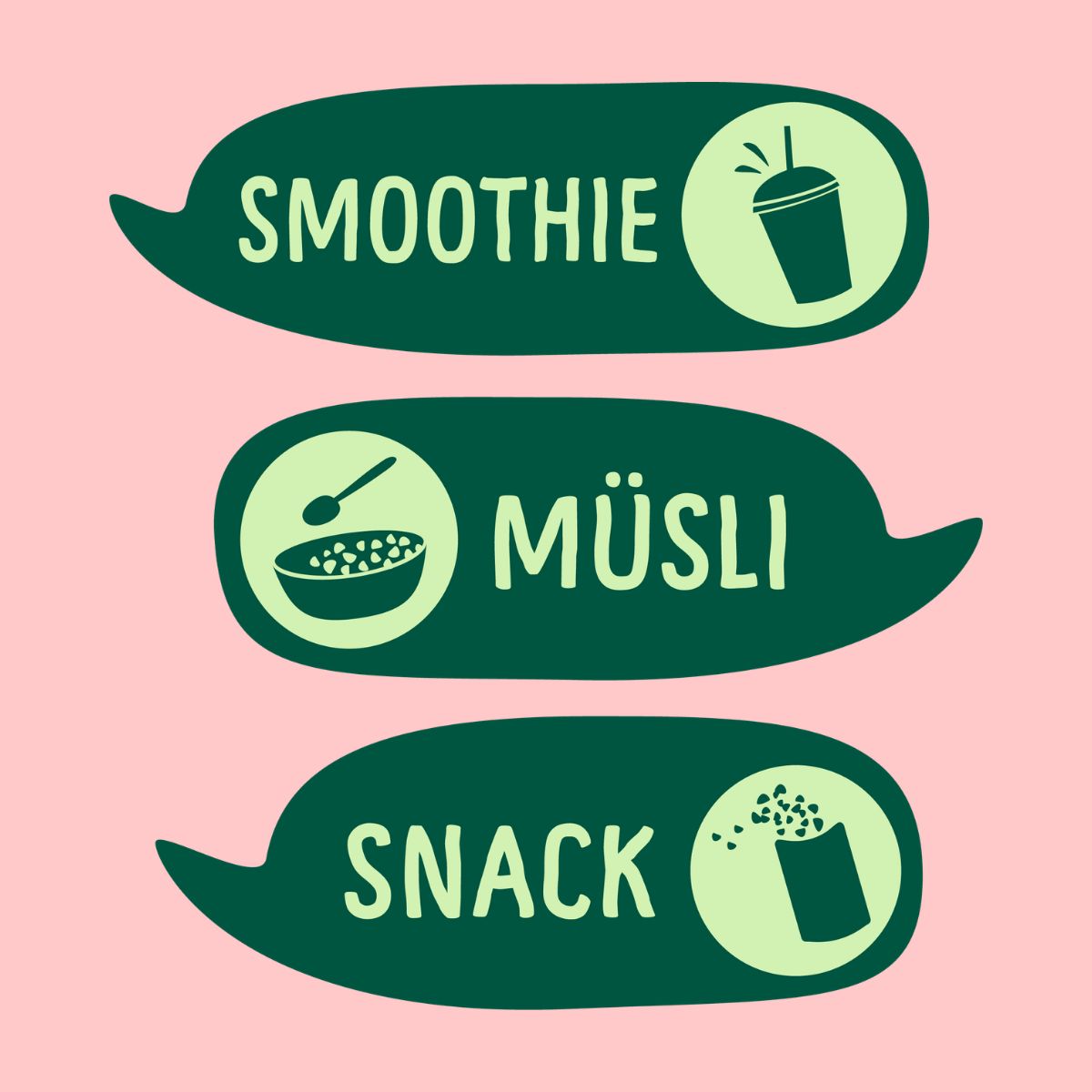 Drei grüne Sprechblasen mit Icons und Text: Smoothie, Müsli, Snack.