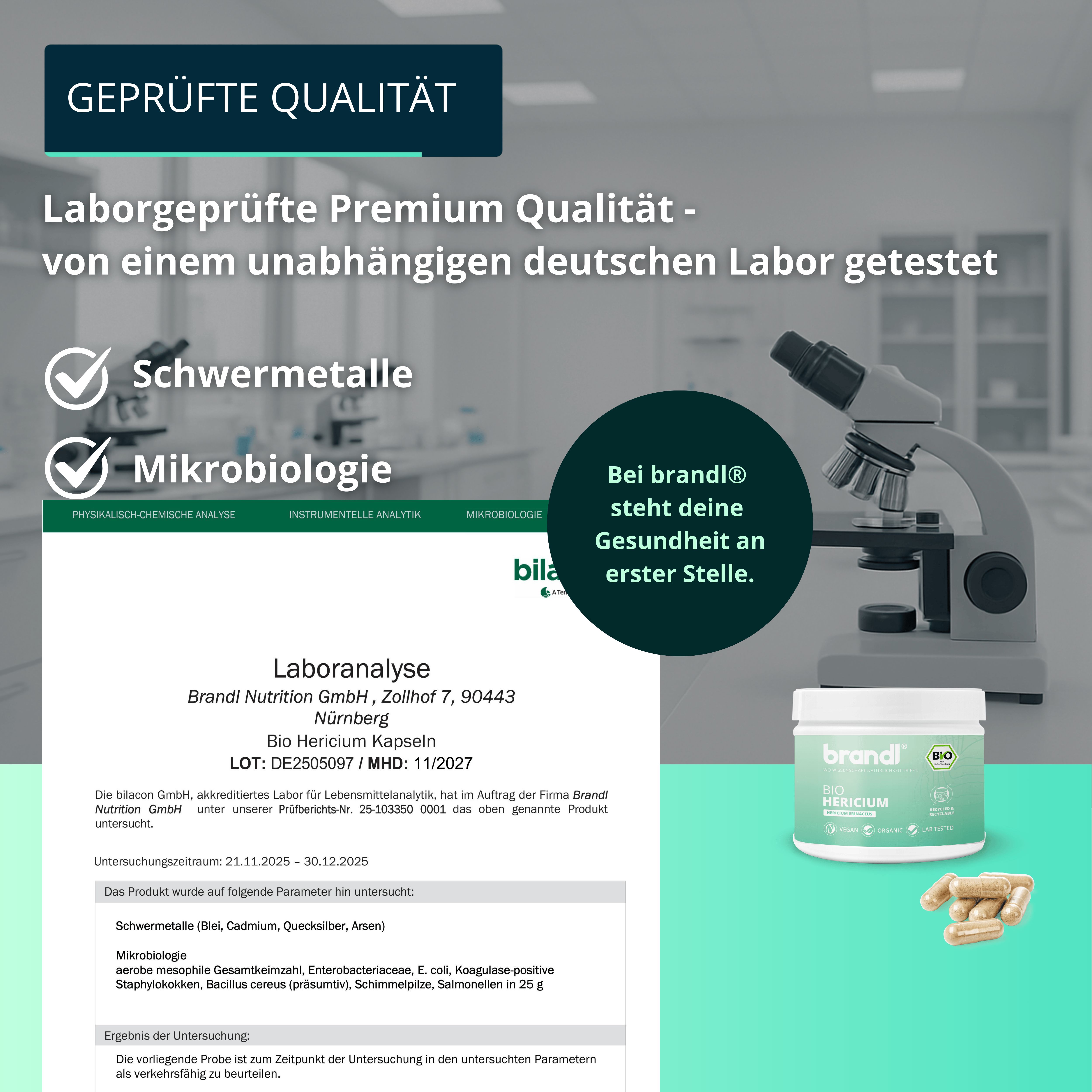 Laboranalyse mit Produktglas brandl® Bio Hericium und Kapseln. Text: Laborgeprüfte Premium Qualität. Schwer Metalle, Mikrobiologie. Mikroskop im Hintergrund.