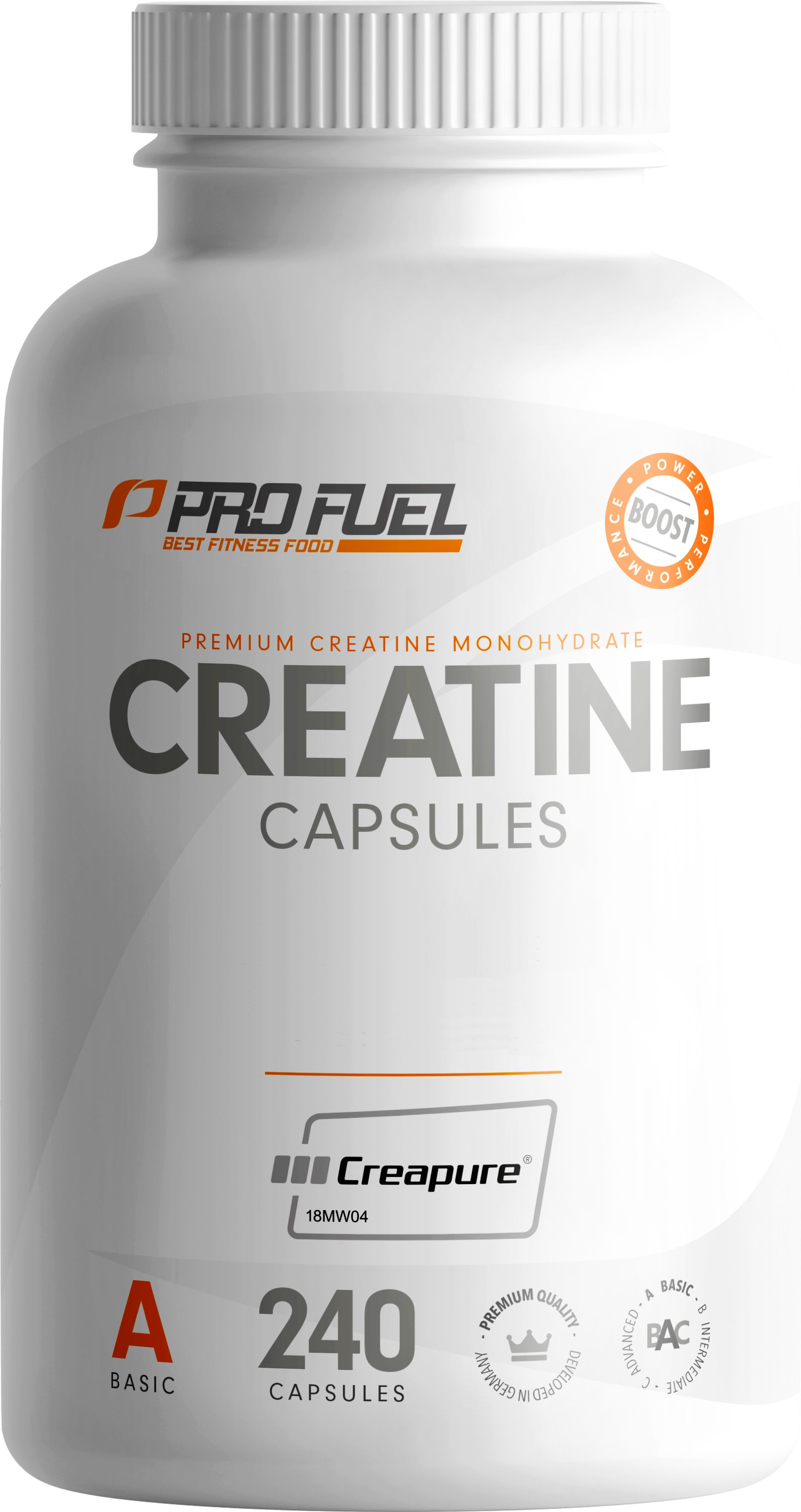 Weiße Flasche mit CREATINE KAPSELN. Text: 240 Kapseln, Creapure®, A, Basic. Logo: Best Fitness Food.