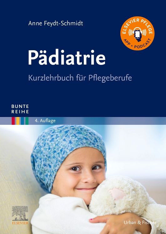 Buchcover: Pädiatrie, Kurzlehrbuch für Pflegeberufe. Titel, Autor, Verlag. Kind mit Stofftier. Elsevier Pflege App.