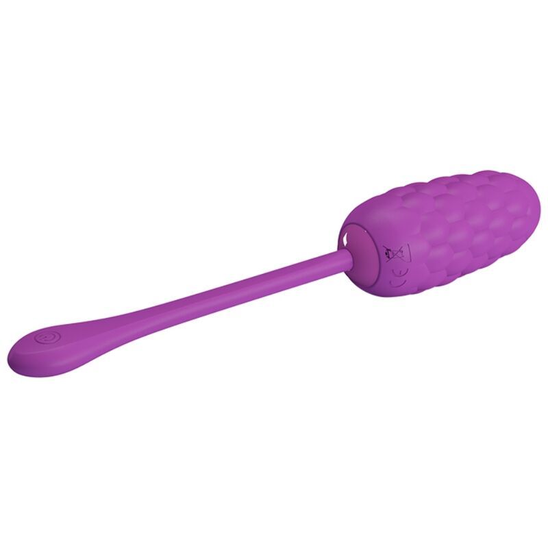 Lila Vibrations-Ei mit strukturierter Oberfläche und Stiel. Das Produkt ist aus Silikon gefertigt.