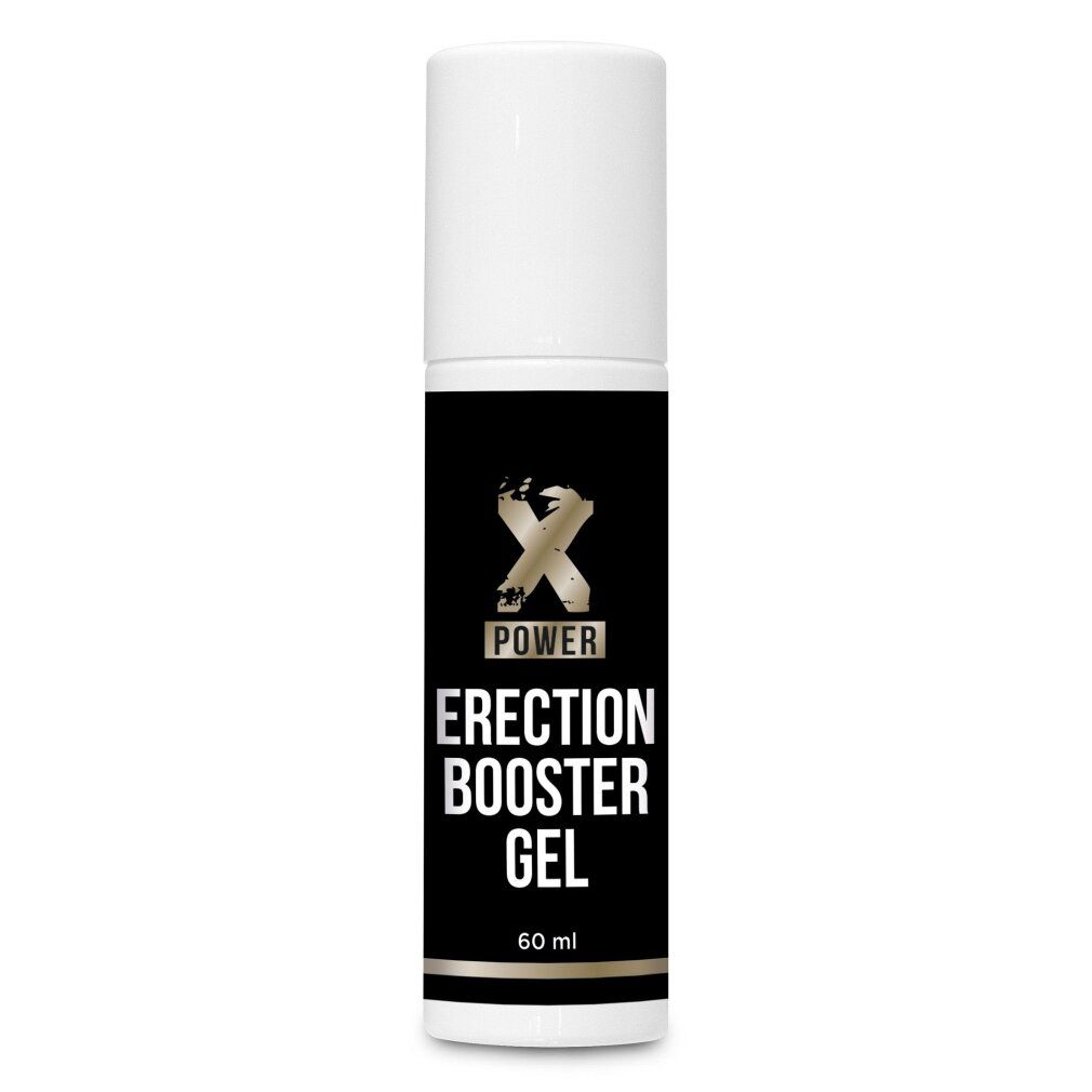 Xpower Erection Booster Gel Flasche, 60 ml. Schwarzes Etikett mit goldenem Männersymbol.