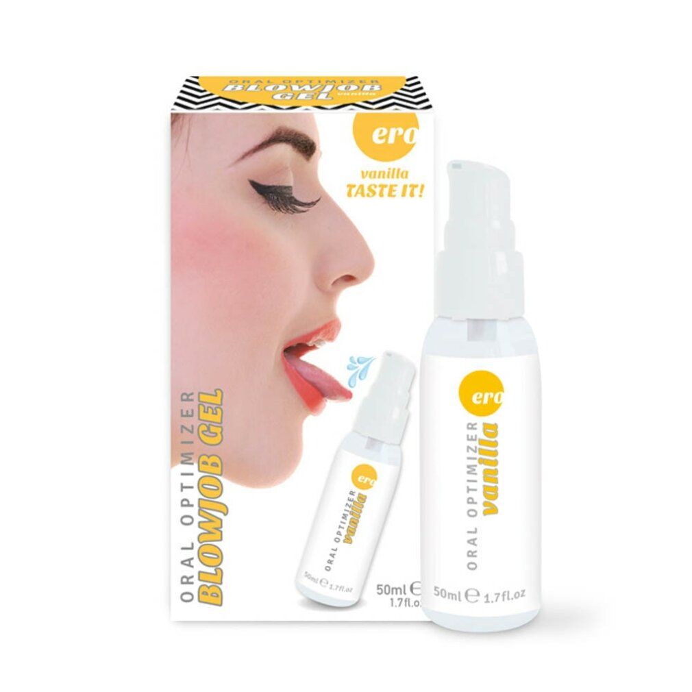 Produkt und Verpackung. Flasche mit Pumpkopf und Karton. Aufschrift: Oral Optimizer Blowjob Gel Vanilla.