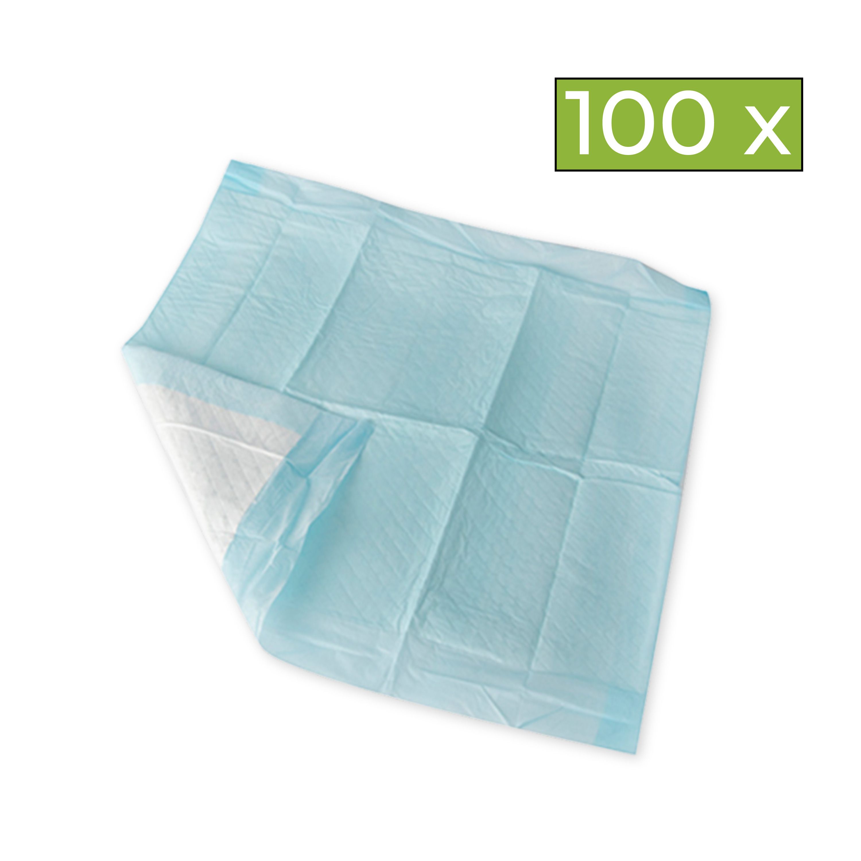 Blaue Krankenunterlage mit weißer Innenseite. Auf der rechten Seite ist ein grünes Feld mit der Aufschrift "100 x".