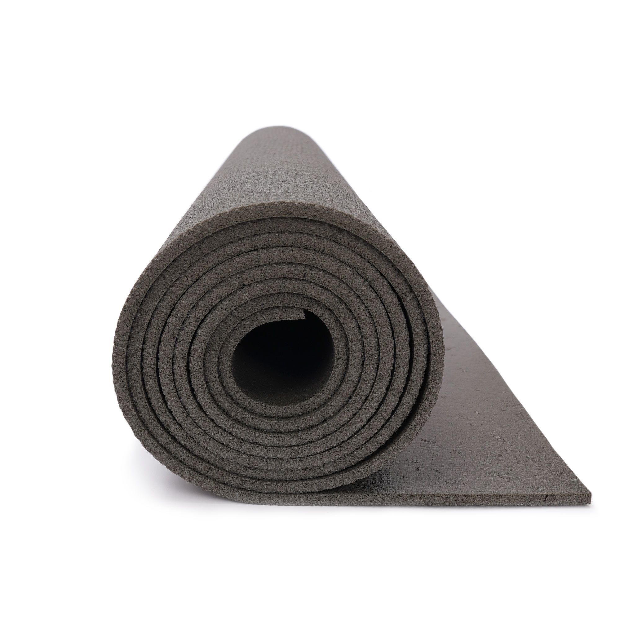 Gerollte Yogamatte in Steinoptik, mit strukturierter Oberfläche.