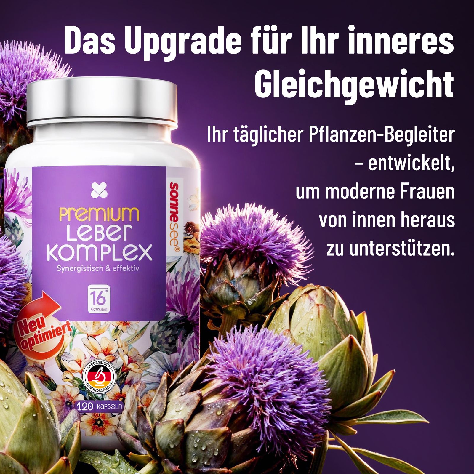 Sonnenklee Premium Leber Komplex Flasche neben Artischocken und Kräutern, beworben als Upgrade für das innere Gleichgewicht.