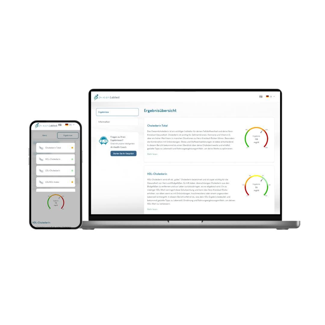 Laptop und Smartphone mit Meinlabtest-App. Zeigt Testergebnisse und Informationen. App-Logo sichtbar.