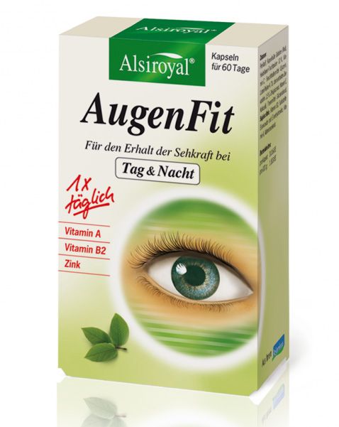 Verpackung von Alsiroyal Augen Fit. Aufschrift: AugenFit, Vitamin A, B2, Zink. Abbildung eines Auges. Kapseln für 60 Tage.