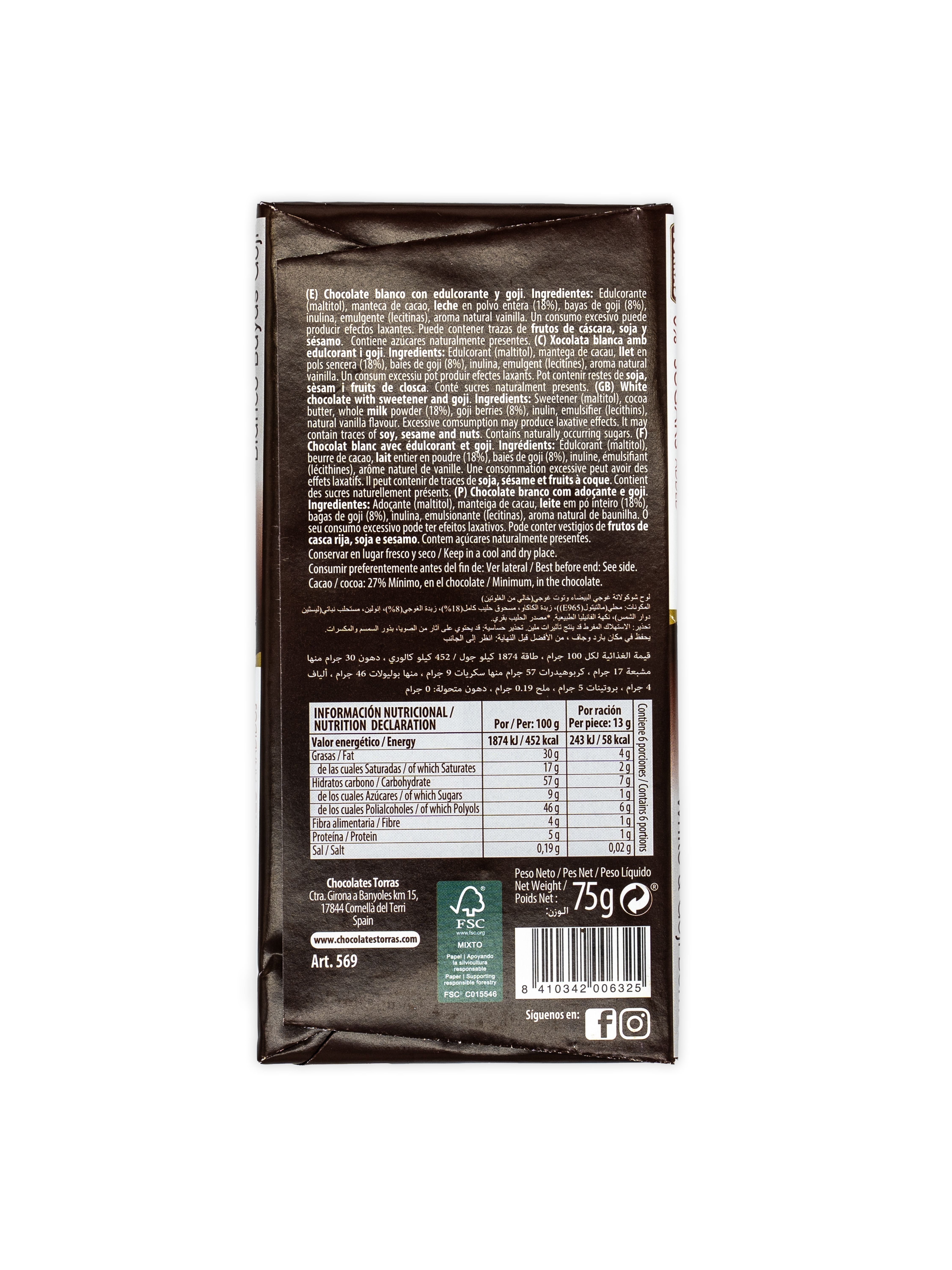 Rückseite der Torras White&Goji Berries Schokoladenverpackung. Enthält Nährwertangaben und Zutatenliste.