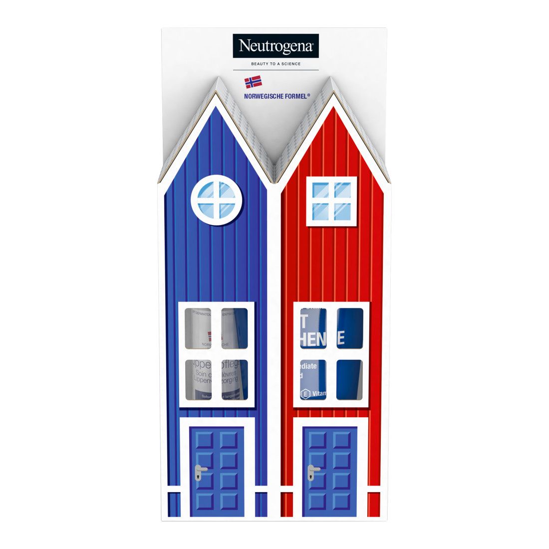 Geschenkverpackung in Hausform, blau und rot. Enthält Lippenpflege und Handcreme. Marke Neutrogena.
