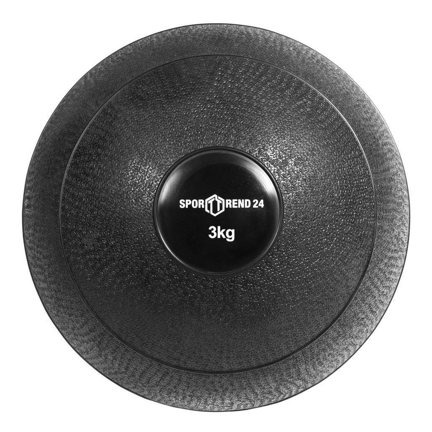 Schwarzer Slamball mit der Aufschrift Sporttrend24 und 3kg. Der Ball hat eine strukturierte Oberfläche.