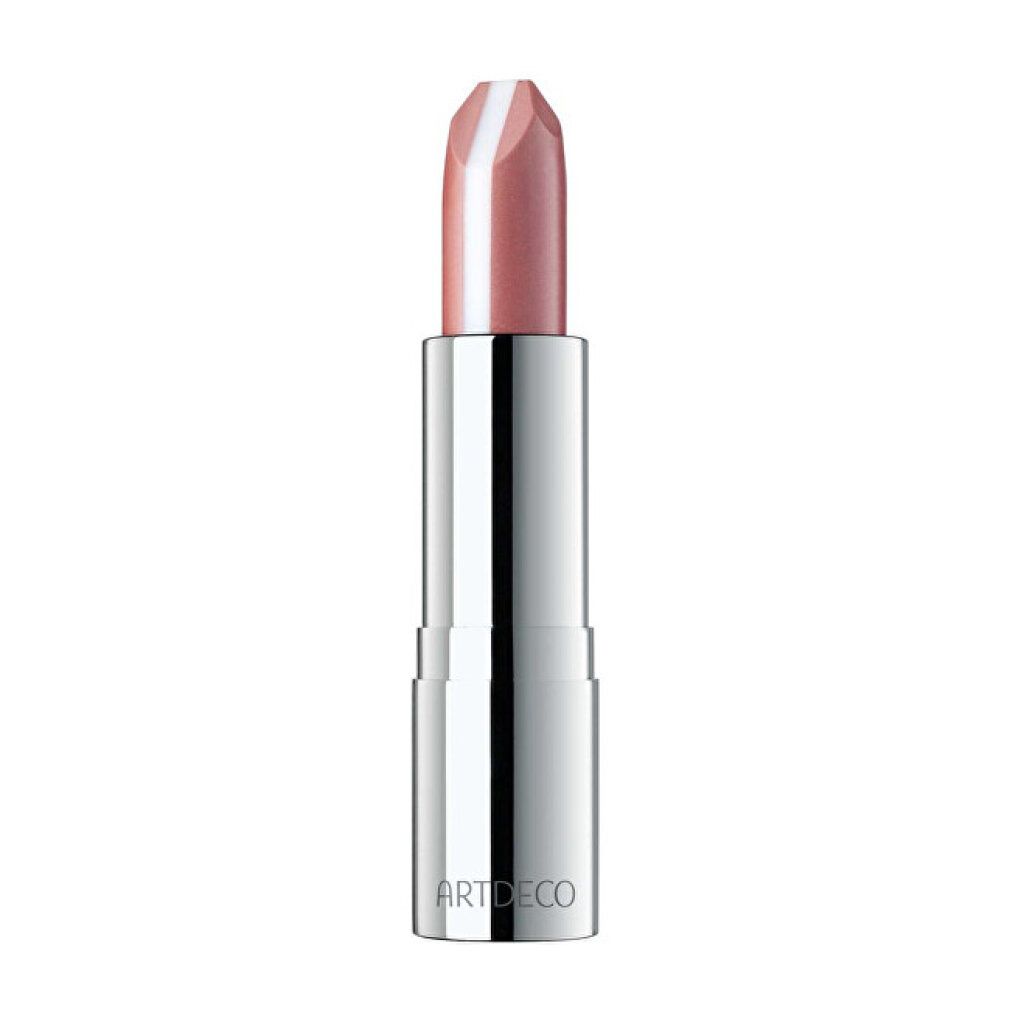 Lippenstift mit silberfarbener Hülse. Der Lippenstift hat eine rosa Farbe mit einem weißen Streifen in der Mitte. Auf der Hülse steht ARTDECO.