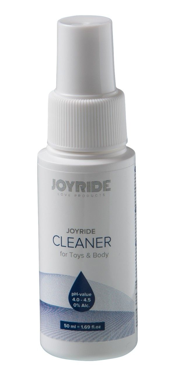 Weiße Sprühflasche mit Aufschrift JOYRIDE CLEANER. Enthält 50 ml. pH-Wert 4,0-4,5, 0% Alkohol. Für Spielzeug & Körper.