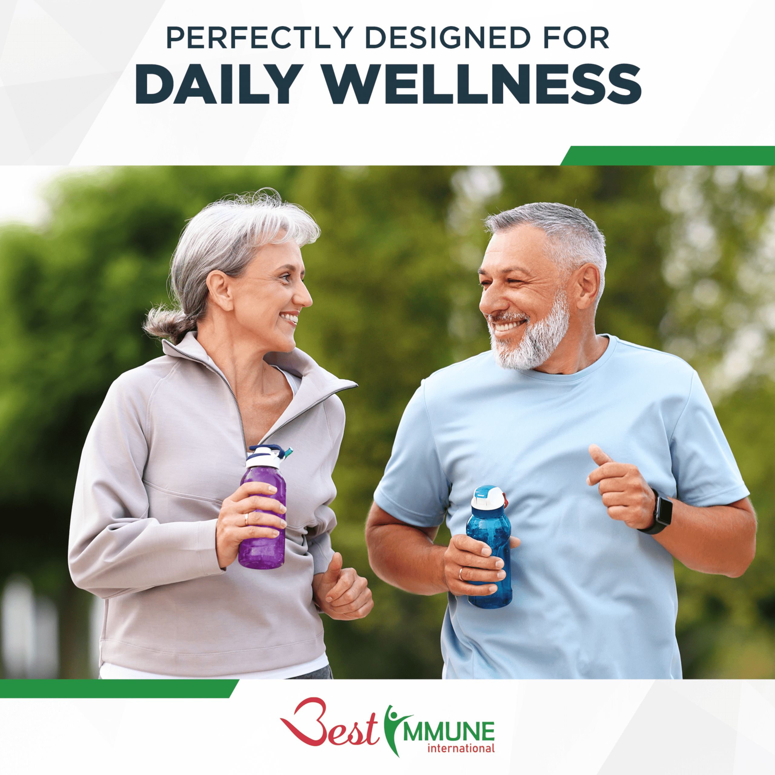 Zwei ältere Menschen laufen. Marke: Best Immune. Text: Perfectly Designed for Daily Wellness.