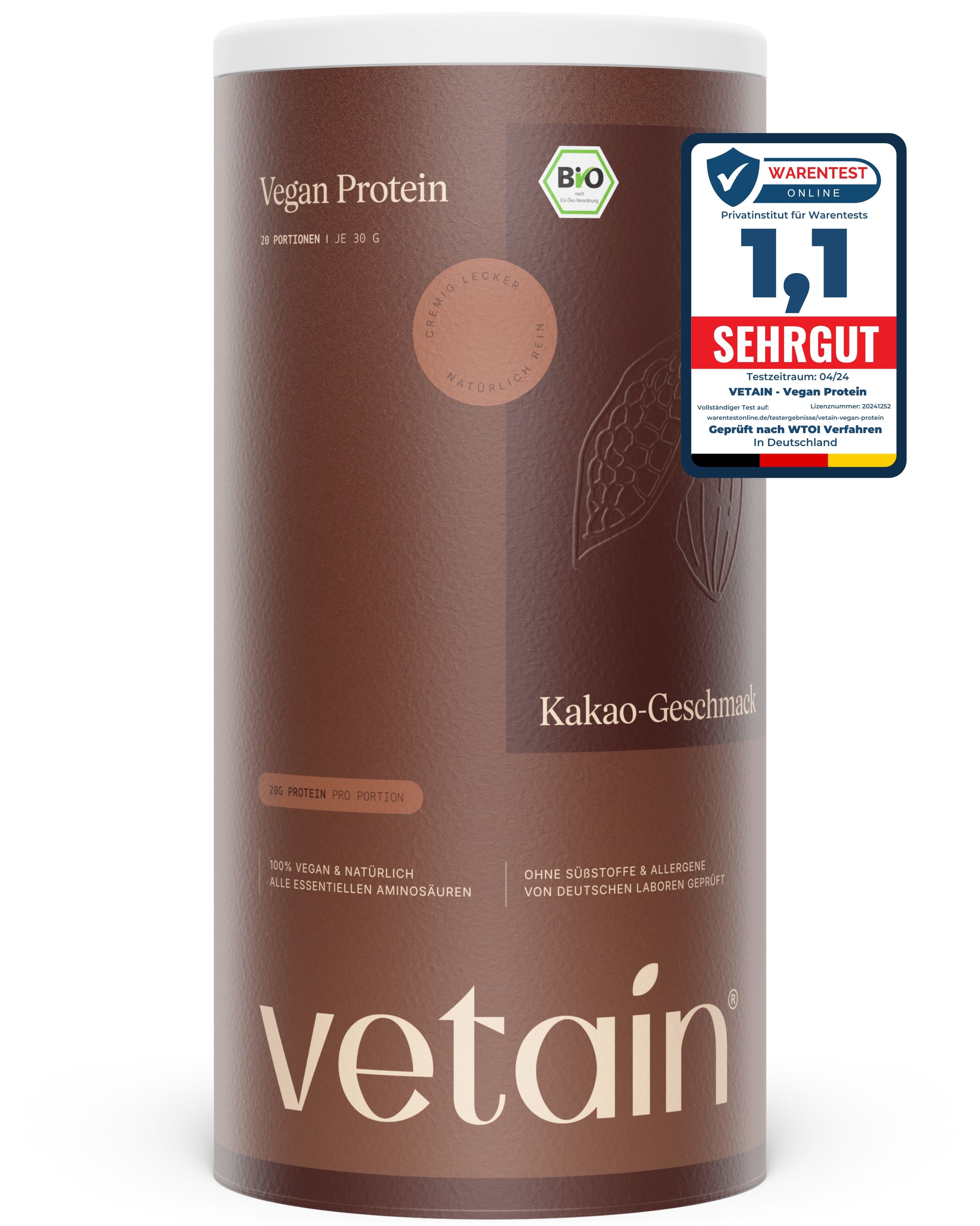 Braune Dose mit weißem Deckel. Aufschrift: Vegan Protein, Kakao-Geschmack. Bio-Siegel und Bewertungssiegel.