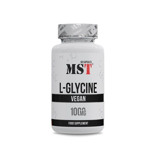 Weiße Flasche mit MST L-Glycin Kapseln. Aufschrift: Vegan, 1000mg, 60 Kapseln. Deckel mit Siegel.
