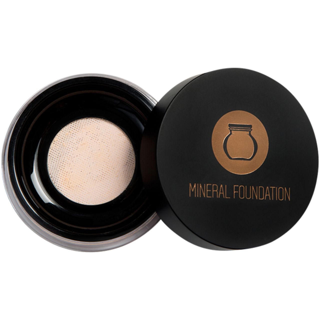 Offene Dose Mineral Foundation. Schwarzer Deckel mit Logo und Schriftzug MINERAL FOUNDATION. Innenliegendes Sieb.
