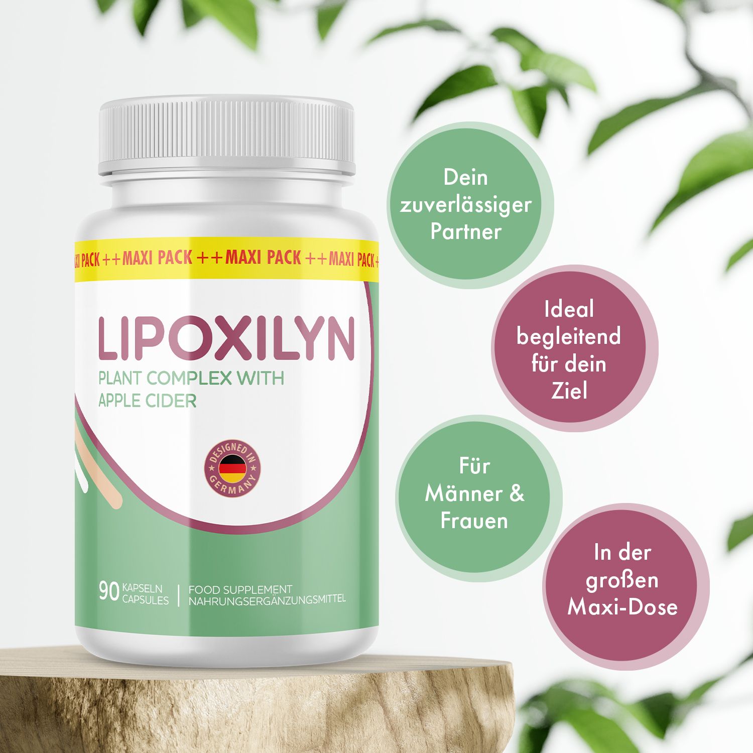 Weiße Flasche mit grüner und weißer Beschriftung. Aufschrift: LIPOXILYN, 90 Kapseln, Plant Complex with Apple Cider. Mit Deutschland-Siegel.