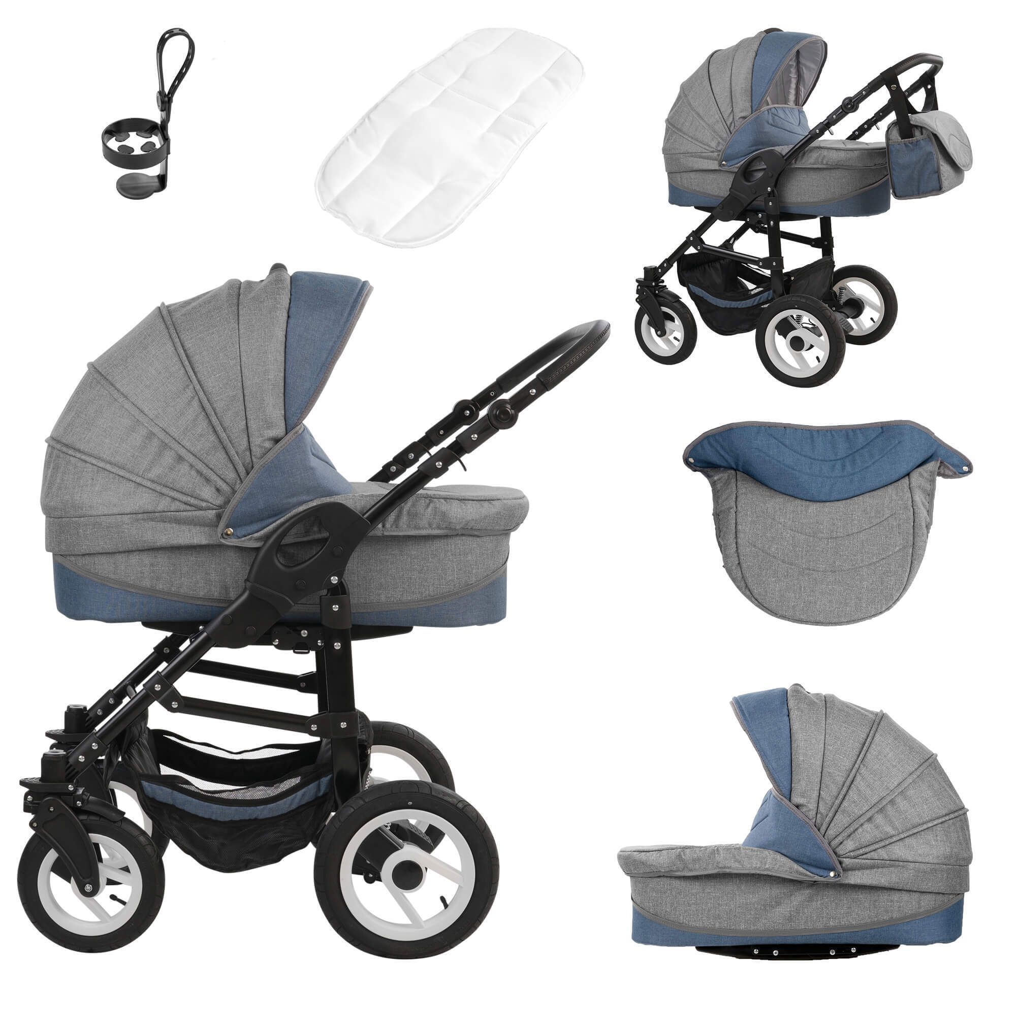 Bebebi Florenz 3 in 1 Kinderwagen Set Luftreifen, Da Vinci Blue Black
