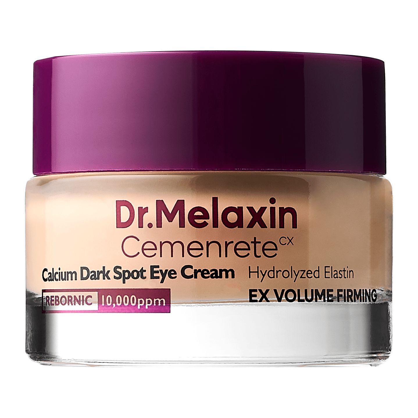 Tiegel Dr.Melaxin Cemenrete Calcium Dark Spot Eye Cream. Lila Deckel, beige Creme. Nahaufnahme.