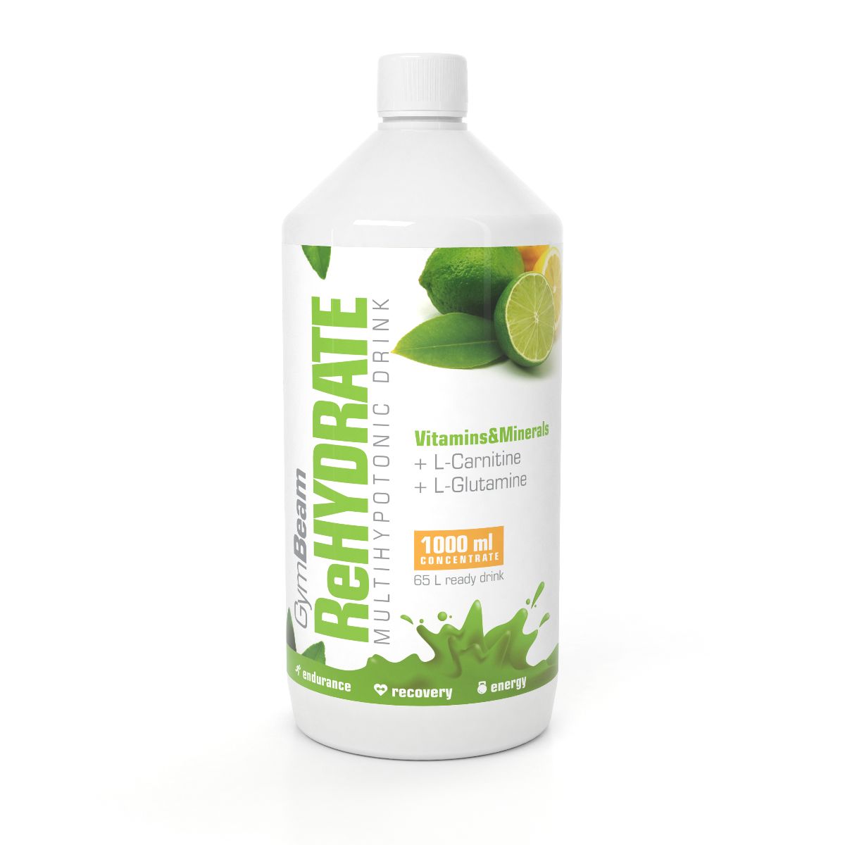 Weiße Flasche mit GymBeam ReHydrate Etikett, das Vitamine, Mineralien und Fruchtbilder zeigt.