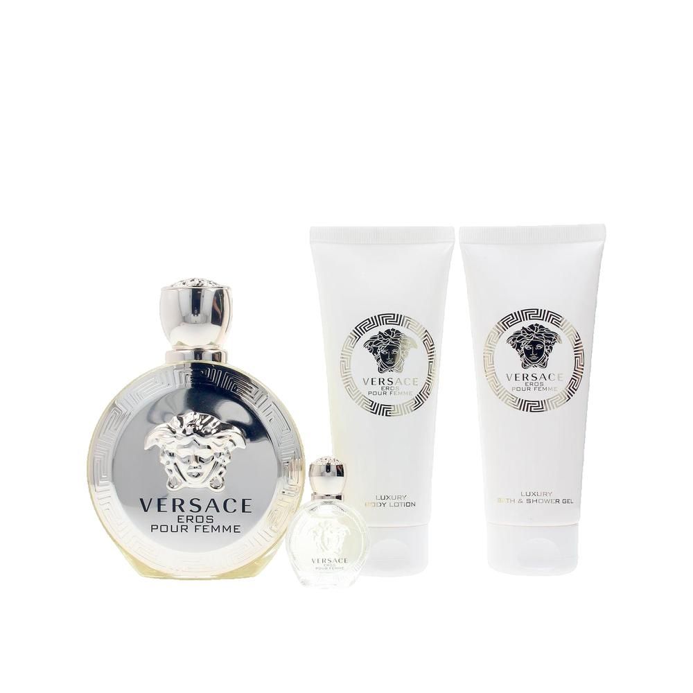 Parfumset. Enthält eine runde Flasche, eine kleine Flasche und zwei Tuben. Silberne Deckel und Verzierungen. Text: VERSACE EROS POUR FEMME.